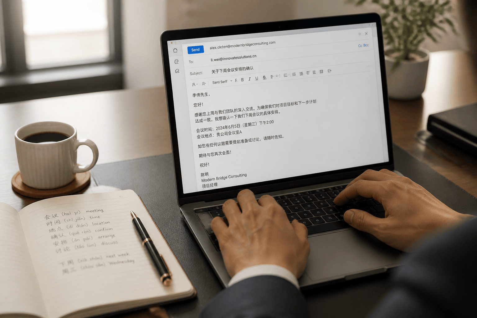 Professional email composition scene with Chinese business email phrases and English email interface