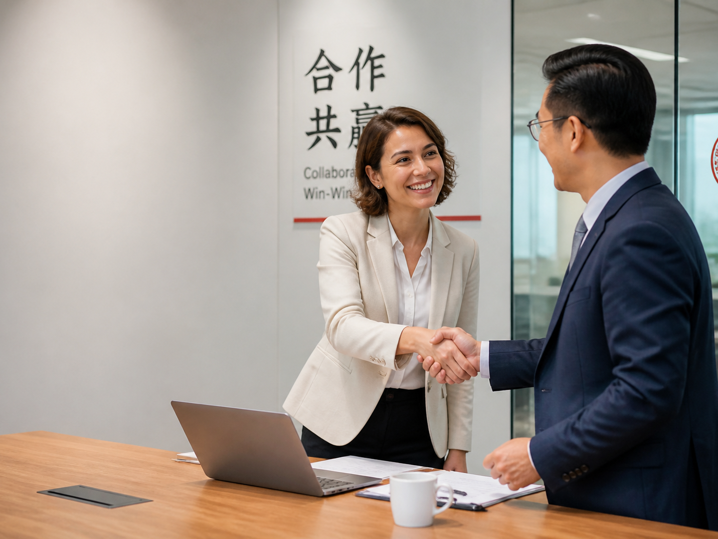 Beginner-friendly business Chinese learning scene with international professionals meeting Chinese business partners in a modern office.