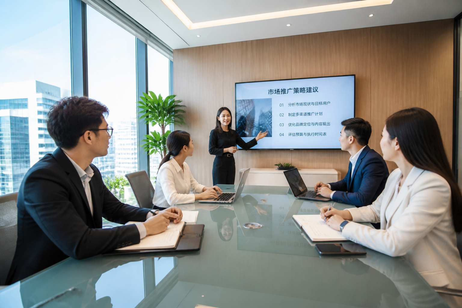 Asian business professionals collaborating in a modern conference room during a meeting, with a presenter showing Chinese characters on a wall-mounted display while team members take notes on laptops.