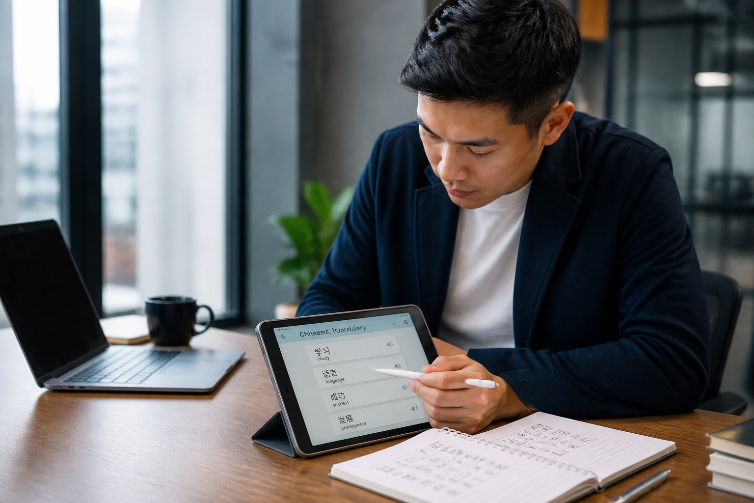 Business professional studying Chinese vocabulary at a modern office desk