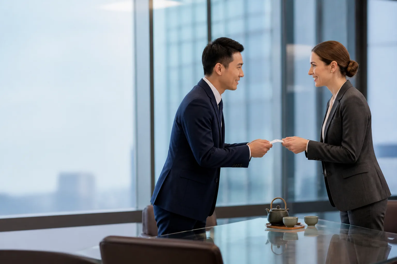 Two business professionals exchanging name cards during a business Chinese introduction at a modern office meeting.