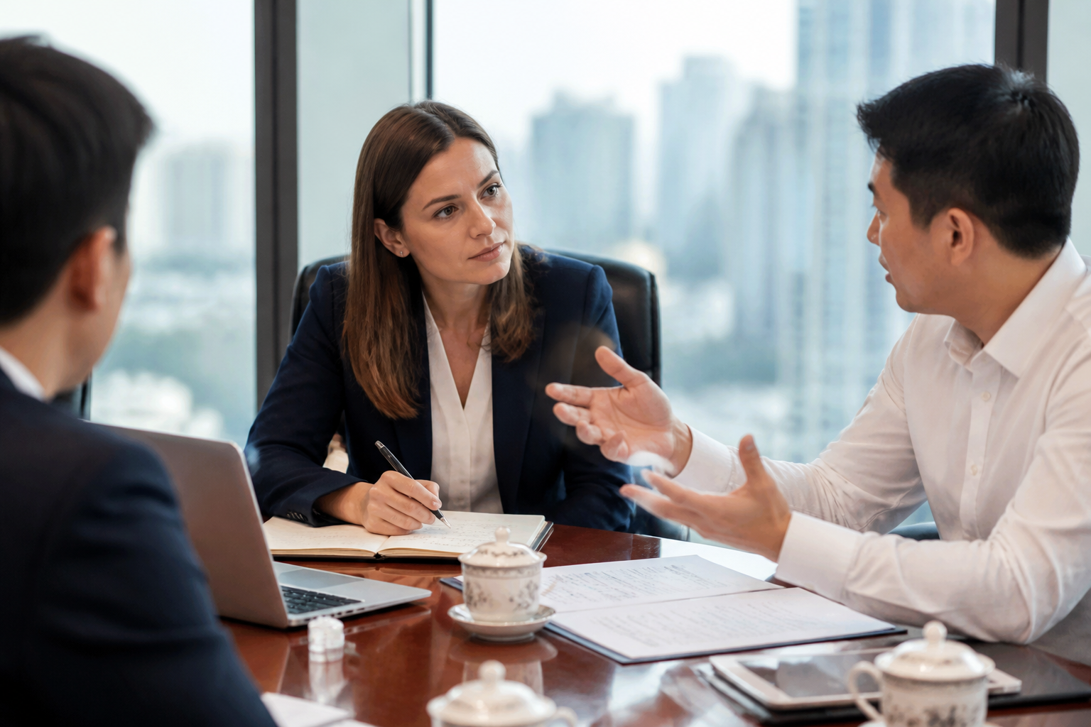 Business professional practicing business Chinese listening during a meeting.