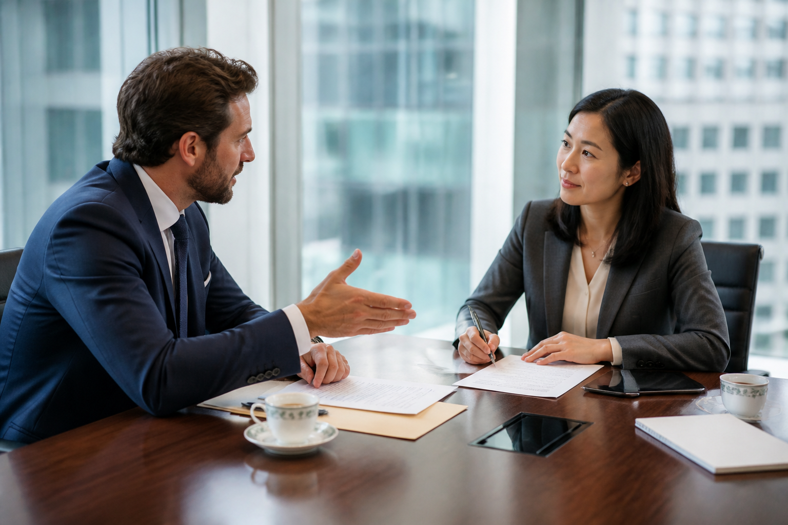Business professionals negotiating across a meeting table with printed contracts and documents.
