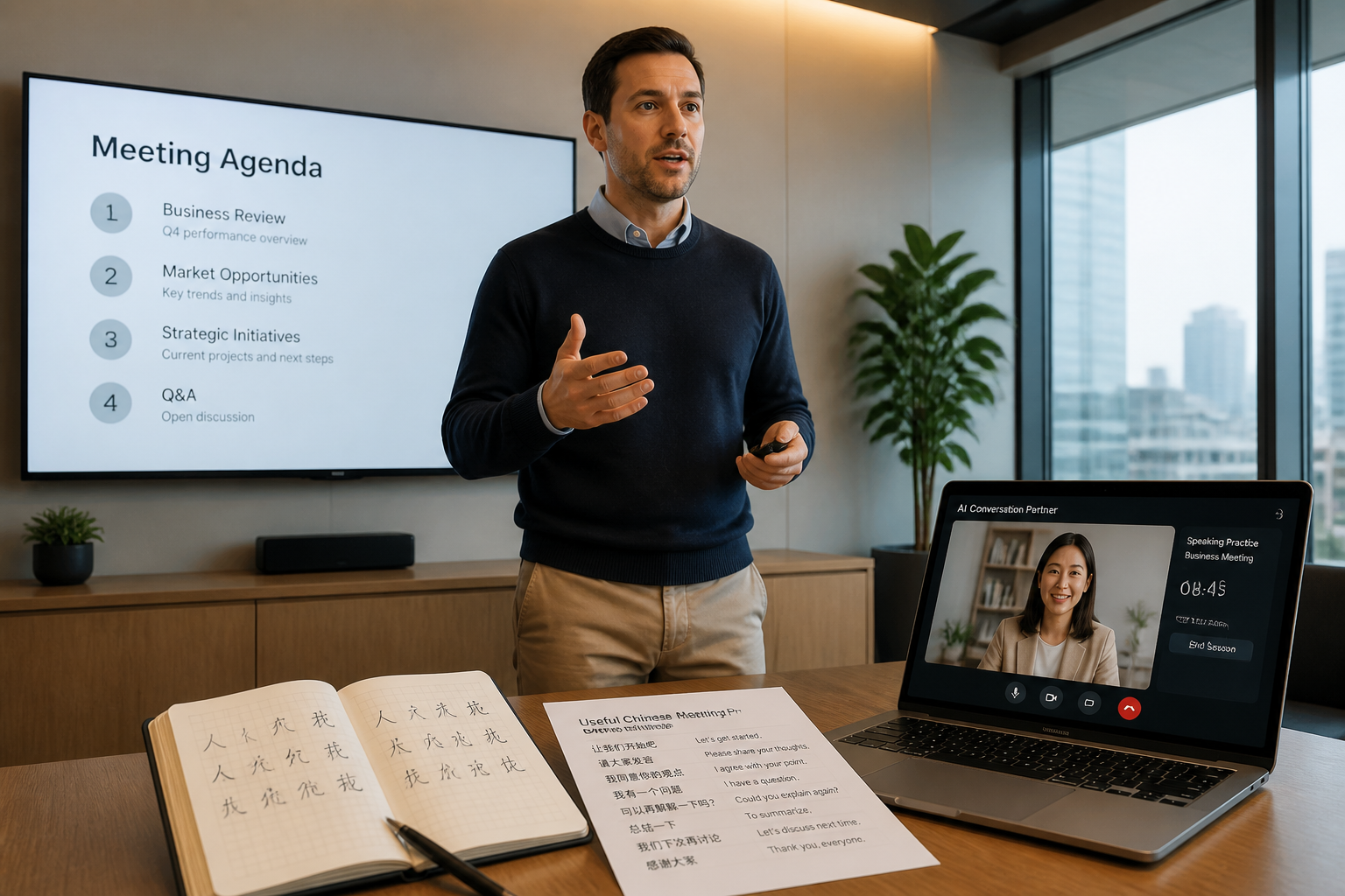 A business professional rehearsing a Chinese presentation aloud in a modern office, with a meeting agenda slide and an AI conversation practice session on screen, and handwritten Chinese speaking notes on the table.