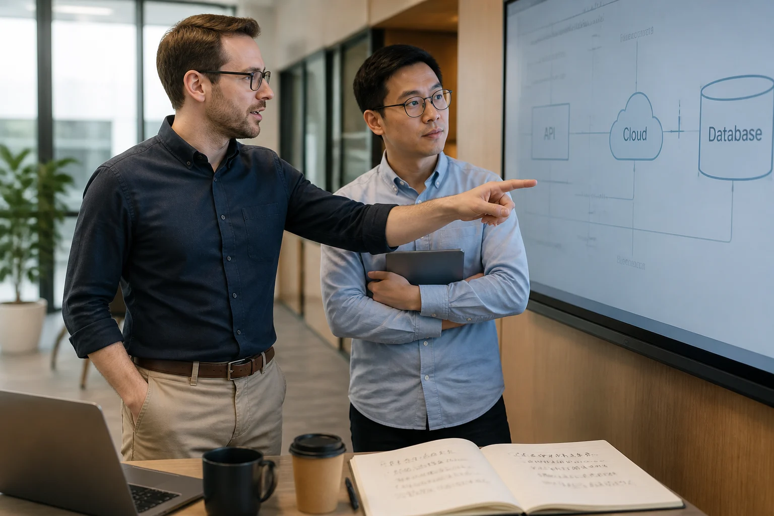 International tech manager and Chinese software engineer reviewing system architecture on a screen in a modern office.