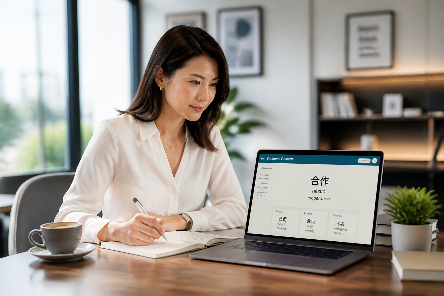 Professional businesswoman learning business Chinese online on her laptop — learn business Chinese online with AI-powered courses