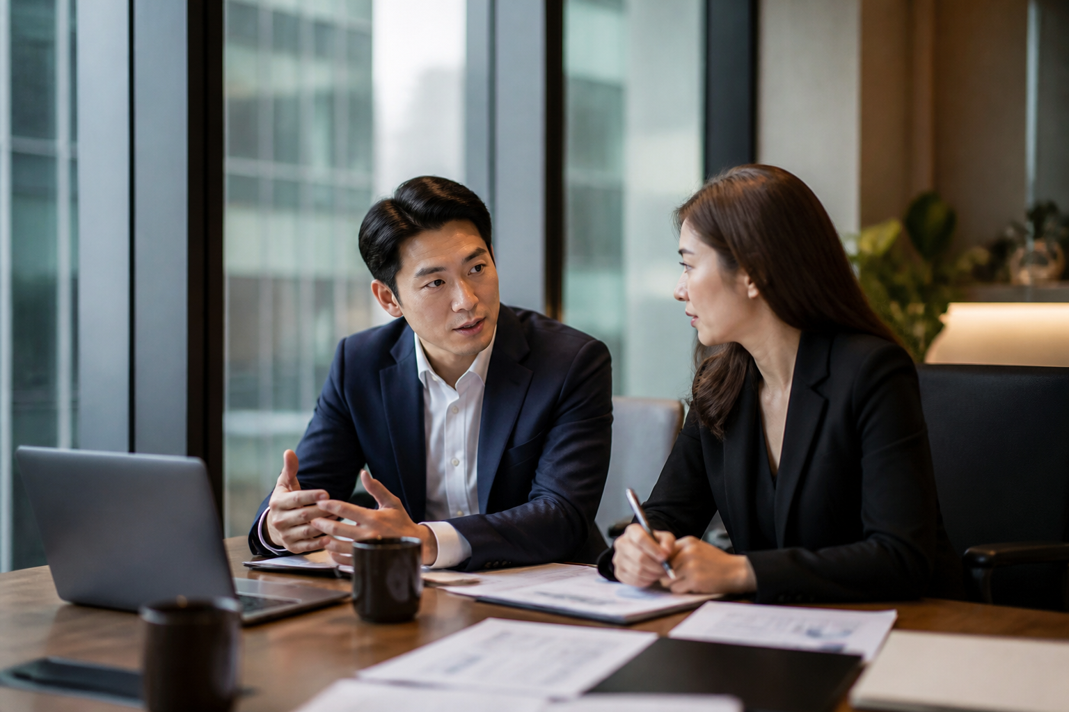 Business professionals using Chinese phrases in a meeting and supplier communication setting